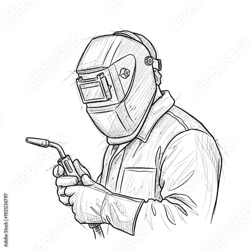 Welder in protective gear with welding torch, sketch illustration
