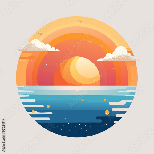 Stylized Ocean Sunset or Sunrise with Radiant Sky and Calm Water in Round Frame