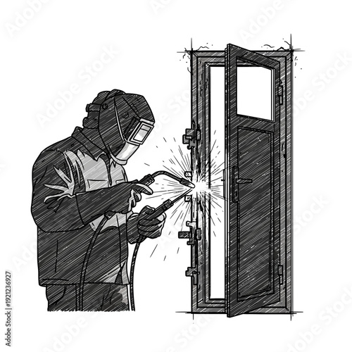 Welder repairing metal door with sparks flying, sketch style