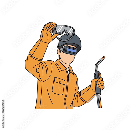 Welder wearing protective gear and holding welding torch