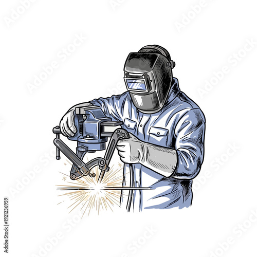 Welder wearing mask and gloves, sparks flying from metalwork