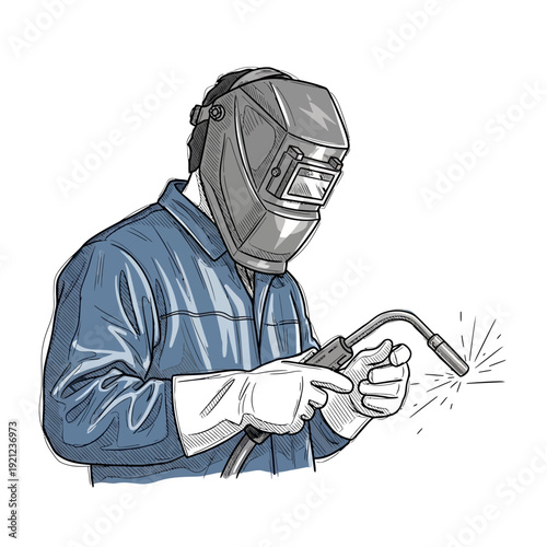 Welder wearing protective gear, holding welding torch and sparks flying