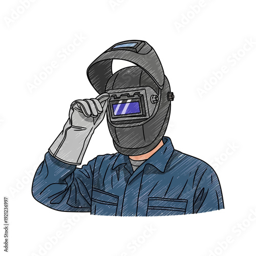 Welder wearing protective mask and gloves, hand-drawn illustration