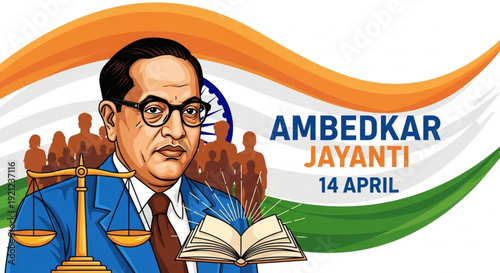 Dr br ambedkar jayanti celebration illustration with indian flag background and symbol of justice and knowledge