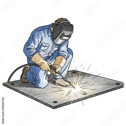 Welder working on metal plate, sparks flying