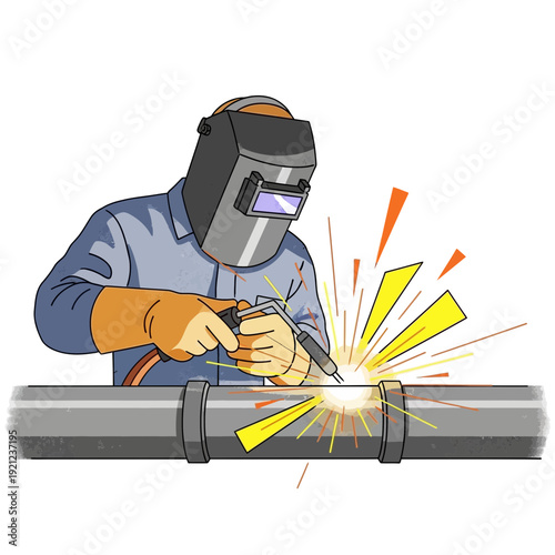 Welder working on pipe with sparks
