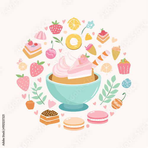 Whimsical illustration of an enchanting array of delightful pastel desserts and confectionery, forming a charming sweet circle