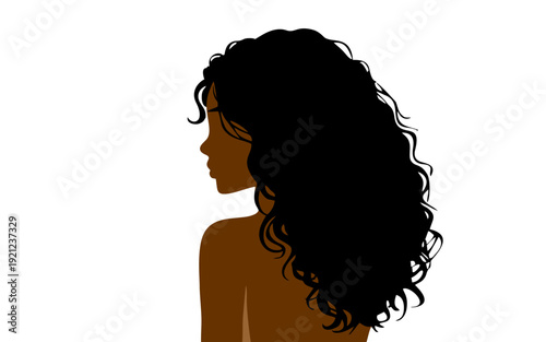 Elegant black woman with voluminous natural curly hairstyle illustration.