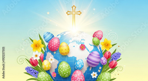 Easter celebration with colorful eggs flowers and cross on blue background symbolizing springtime and renewal