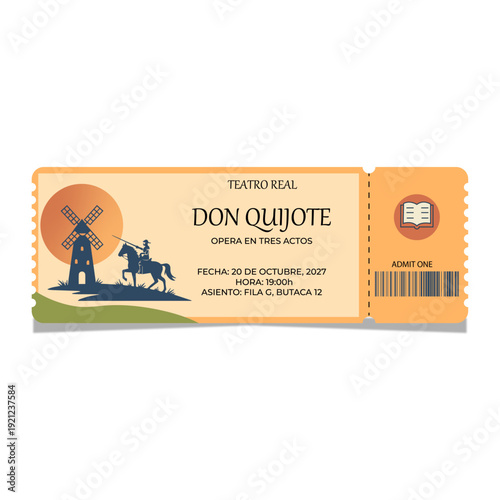 Minimalist Don Quixote Vector Ticket Design with Windmill Icon