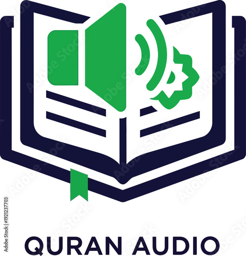 Quran Audio book icon. Features an open book with a green speaker and sound waves, symbolizing audio recitation. Created in a flat, modern style with a dark blue and green color palette.