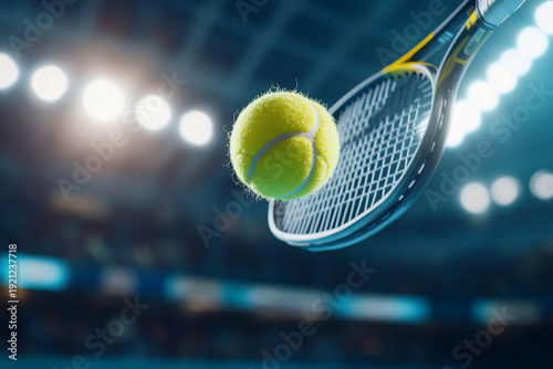 A tennis racket poised to hit a yellow ball in a sports arena.
