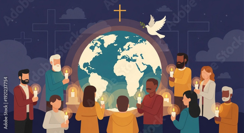 People of different faiths and cultures unite around the world with candles and a dove