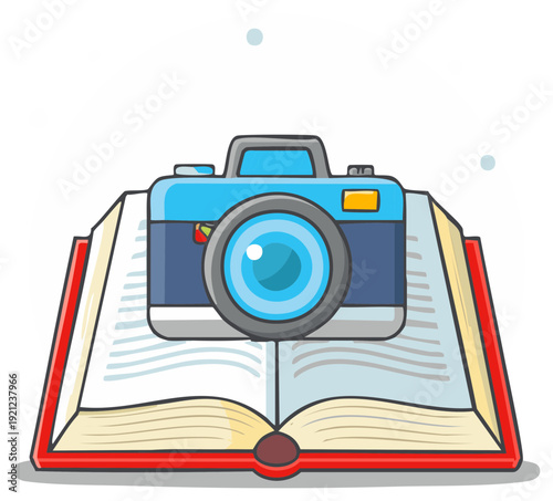 Modern blue camera resting on open book for photography education or creative learning concept