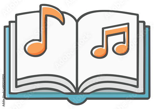 Open Music Book with Orange Musical Notes and Symbols Illustrated Doodle Style