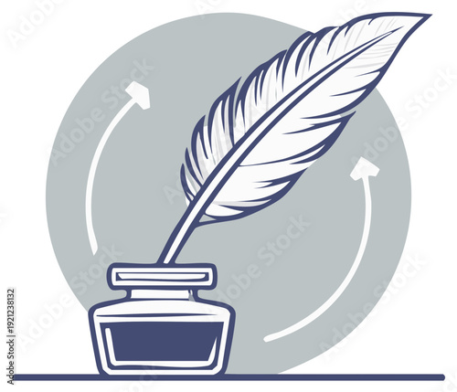 Quill pen dipped in inkwell with arrows symbolizing writing process vector illustration.
