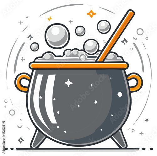 Cartoon Witch's Cauldron Brewing Potion with Bubbles and Magic Stirring