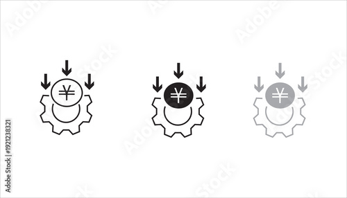 Editable stroke vector line icon of financial investment optimization concept featuring currency symbol inside gear with downward arrows. Suitable for banking, finance, fintech, business strategy, sav