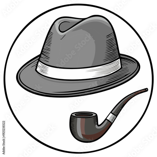 Classic Detective Style Fedora Hat and Smoking Pipe Vintage Accessory