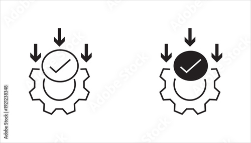 Minimal outline icon featuring a gear with a checkmark and downward arrows, representing download process, system update, installation approval, workflow automation, and quality control. Ideal for tec