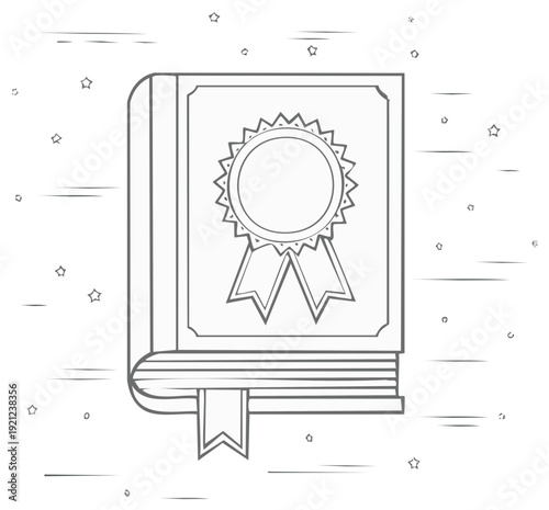 Illustrated Book with Badge and Ribbon Depicting Achievement or Recognition