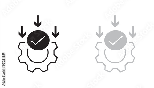 Minimal outline icon featuring a gear with a checkmark and downward arrows, representing download process, system update, installation approval, workflow automation, and quality control. Ideal for tec
