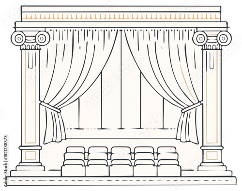 Illustrative depiction of a classical stage with Corinthian columns and draped curtains framing empty seating