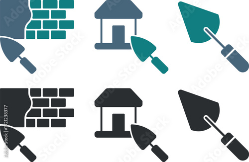Trowel And Brick Wall Icons With Building tool construction