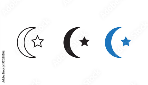 Simple editable outline icon of crescent moon and star symbol commonly associated with Islamic culture and Ramadan celebration themes. Suitable for religious, holiday, and spiritual designs.