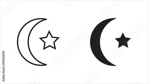 Simple editable outline icon of crescent moon and star symbol commonly associated with Islamic culture and Ramadan celebration themes. Suitable for religious, holiday, and spiritual designs.