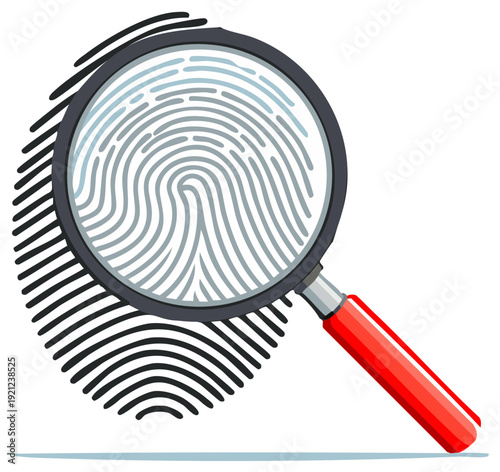 Magnifying glass examining a detailed fingerprint for forensic investigation and identification