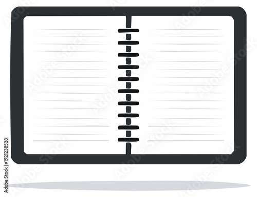 Open notebook with blank lined pages ready for writing, sketching, or note taking flat lay illustration