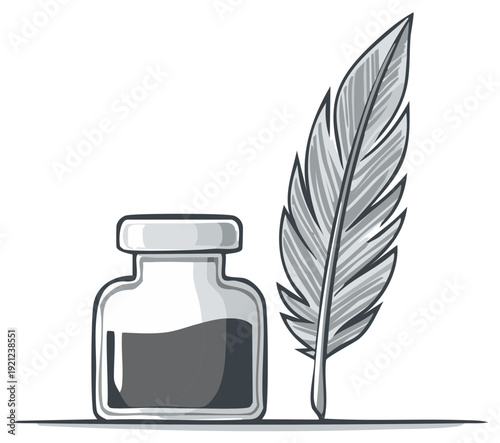 Vintage inkwell and quill pen on a white surface graphic illustration