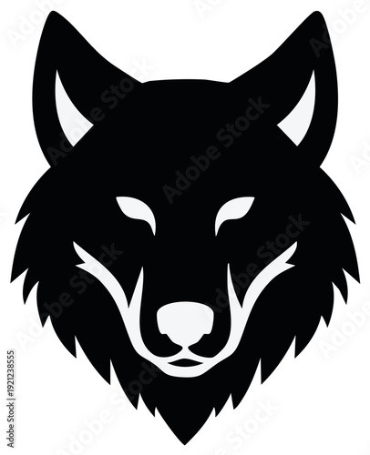Bold wolf head icon in black and white. Simple animal illustration of a canine face with pointy ears and sharp features.