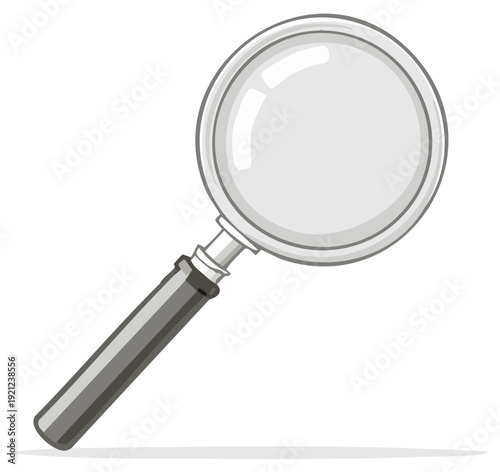 Cartoon magnifying glass with a silver frame and dark handle for close examination