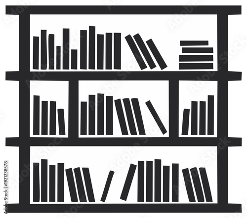 Silhouette of bookcase with books on shelves, books lying askew, reading concept