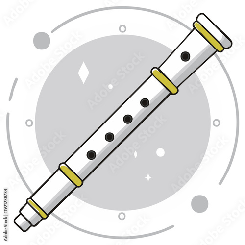 Isolated wind instrument illustration featuring a white recorder against a background with geometric shapes and stars