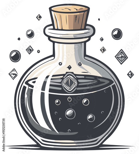 Fantasy Potion Bottle with Cork Stopper and Magical Liquid Bubbles