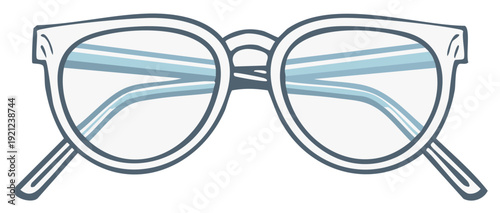 Rounded glasses illustration with blue accents and retro flair for vision correction