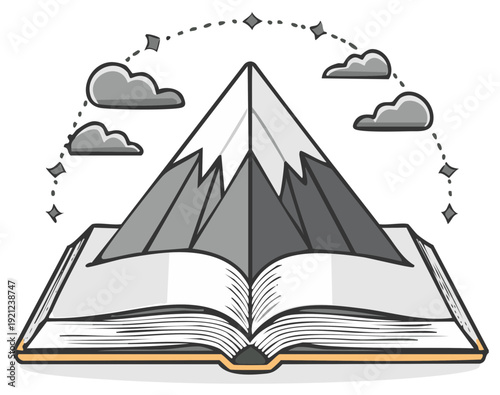 Whimsical mountains rising from an open book create a magical journey of imagination and education in storytime tales