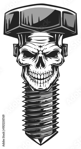 Masculine Skull Head Bolt with Intense Eyes and Jagged Teeth on a White Background