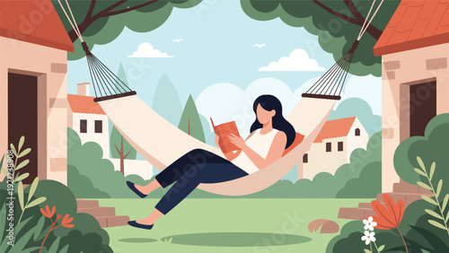 Serene woman peacefully relaxing and reading a book in a comfortable hammock, suspended in a lush, tranquil garden or backyard setting.