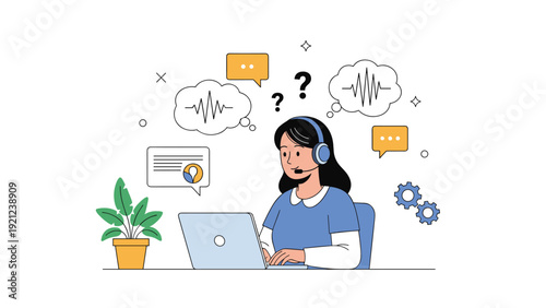 Woman with a headset working on a laptop, surrounded by speech bubbles, question marks, and sound waves, symbolizing efficient customer support or voice assistant.