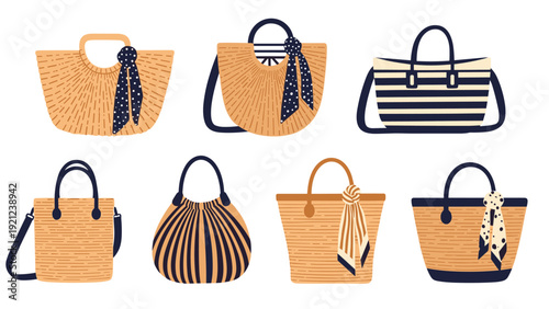 Diverse collection of stylish woven straw beach bags and tote bags, each with unique designs and patterns, perfect for summer fashion and holiday accessories.