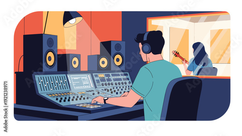 Sound engineer working at a mixing console in a professional recording studio, with a musician playing guitar in the background, showcasing music production.