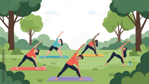 Diverse group of women gracefully practicing yoga (triangle pose) outdoors in a lush green park, promoting wellness, mindfulness, and community fitness.