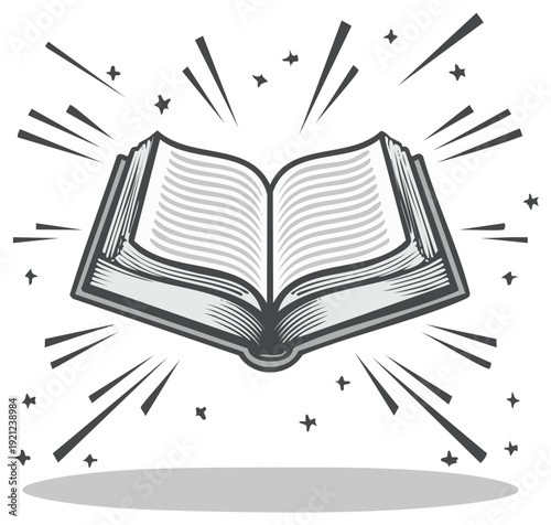 Open Book Radiating Light and Stars Symbolizing Knowledge and Ideas
