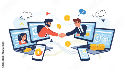 Businessmen shaking hands across screens, surrounded by money and digital devices, symbolizing successful online business deals, global partnerships, and financial transactions.