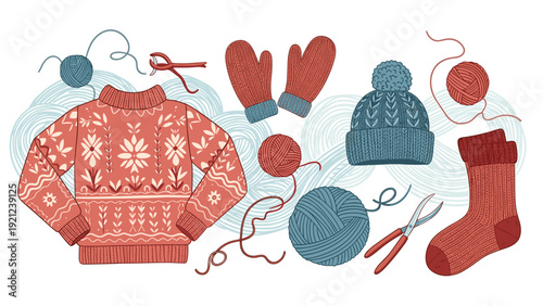 Cozy hand-knitted winter clothing items, including a sweater, mittens, hat, and socks, alongside yarn and tools, symbolizing warm crafts and comfort.