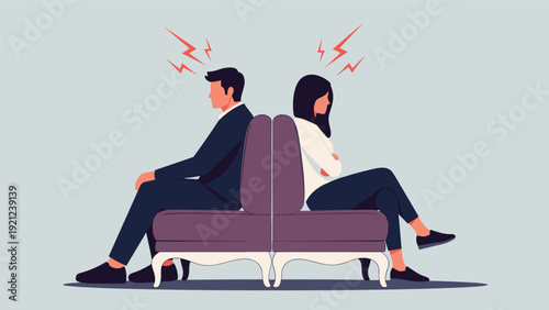 Man and woman sitting back to back, symbolizing relationship conflict, communication breakdown, and marital problems with visible tension and anger.